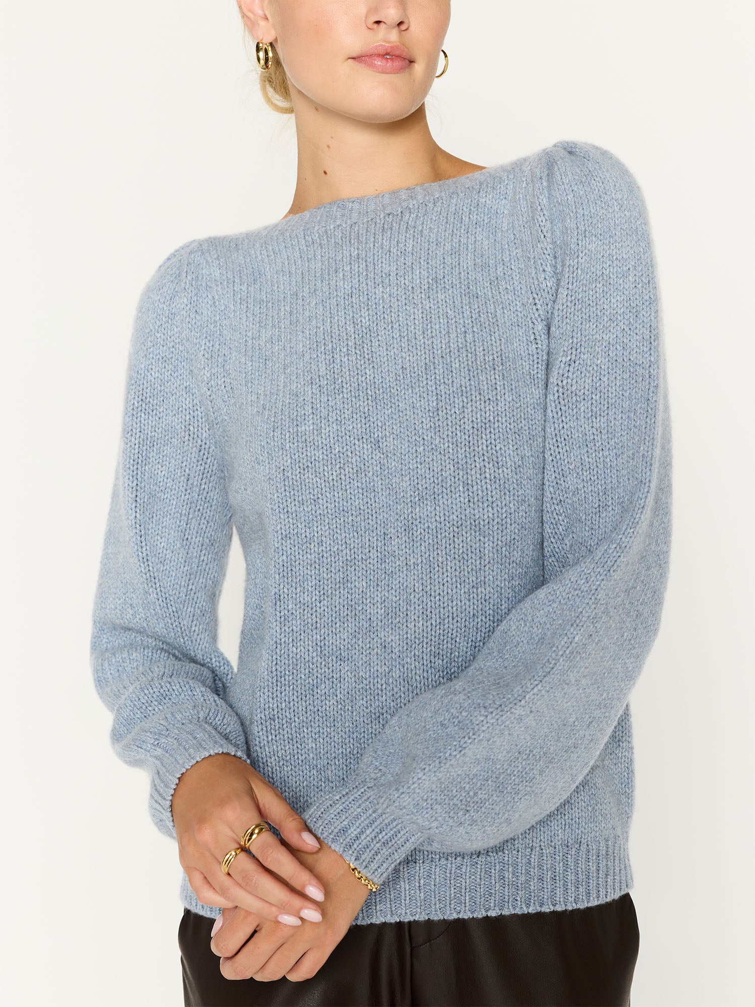 Delphi cashmere boatneck blue sweater front view