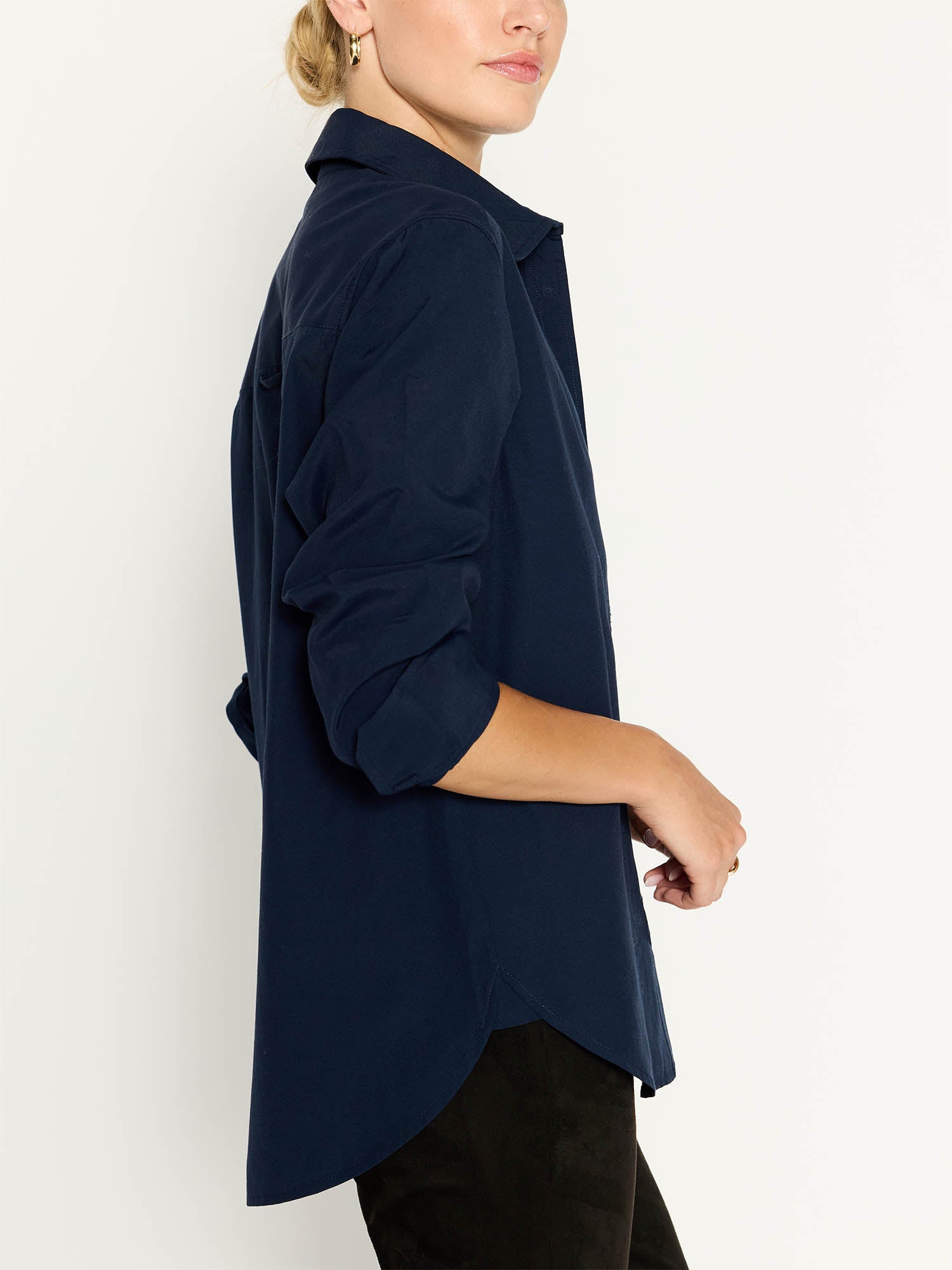 Everyday button up navy shirt side view