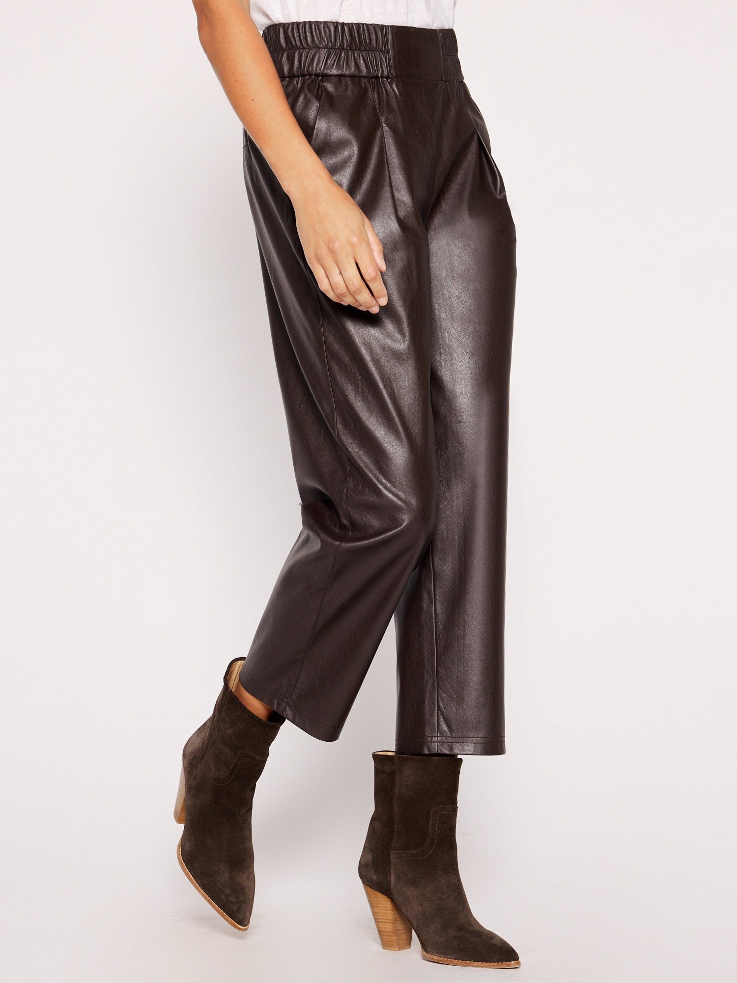 Fiera brown vegan leather cropped pant side view