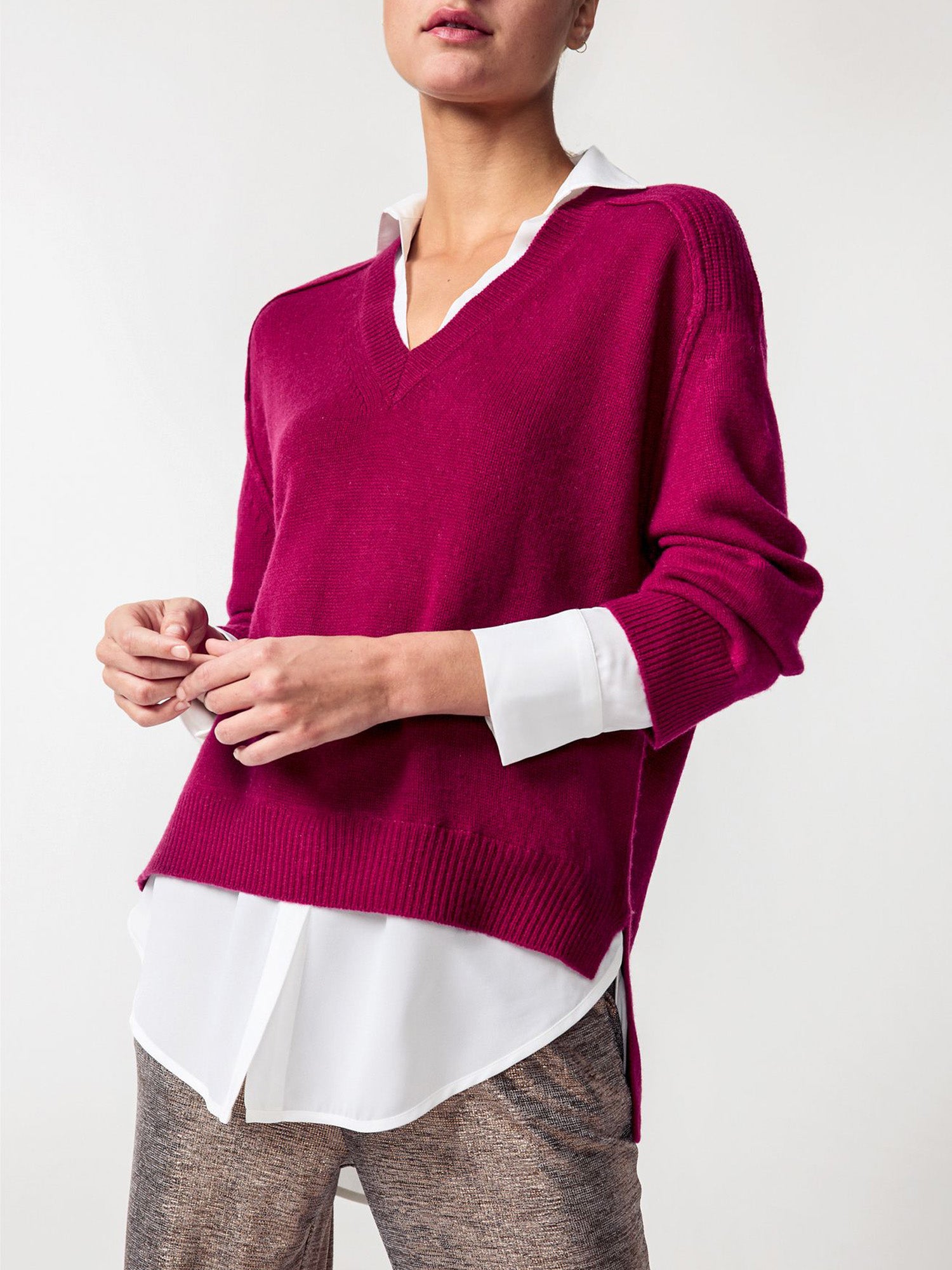 Looker dark red layered v-neck sweater front view 2
