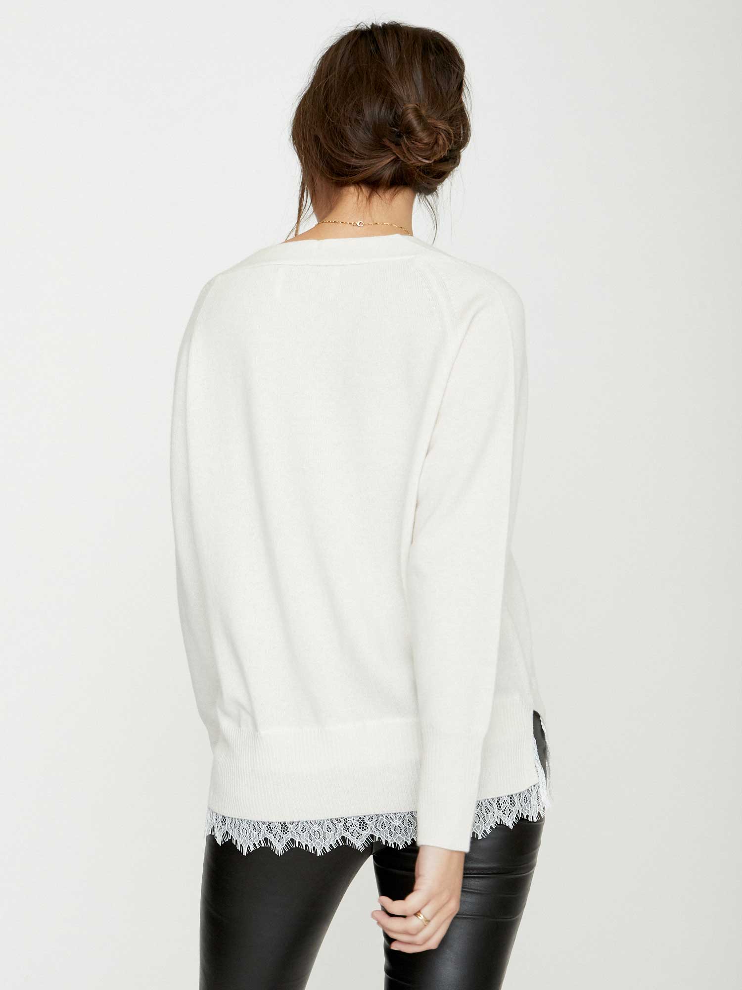 White lace layered v-neck sweater back view