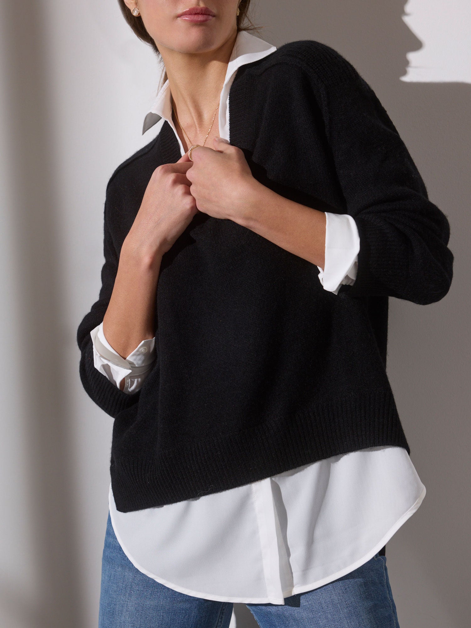 Brochu Walker | Women's V-neck Layered Pullover Sweater in Black Onyx