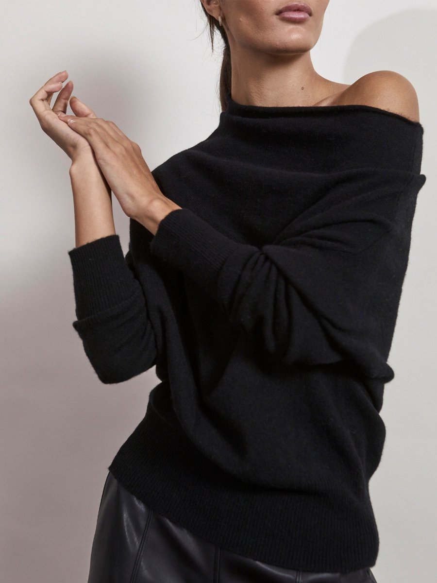 Women's Cashmere Lori Off Shoulder Sweater in Black Onyx