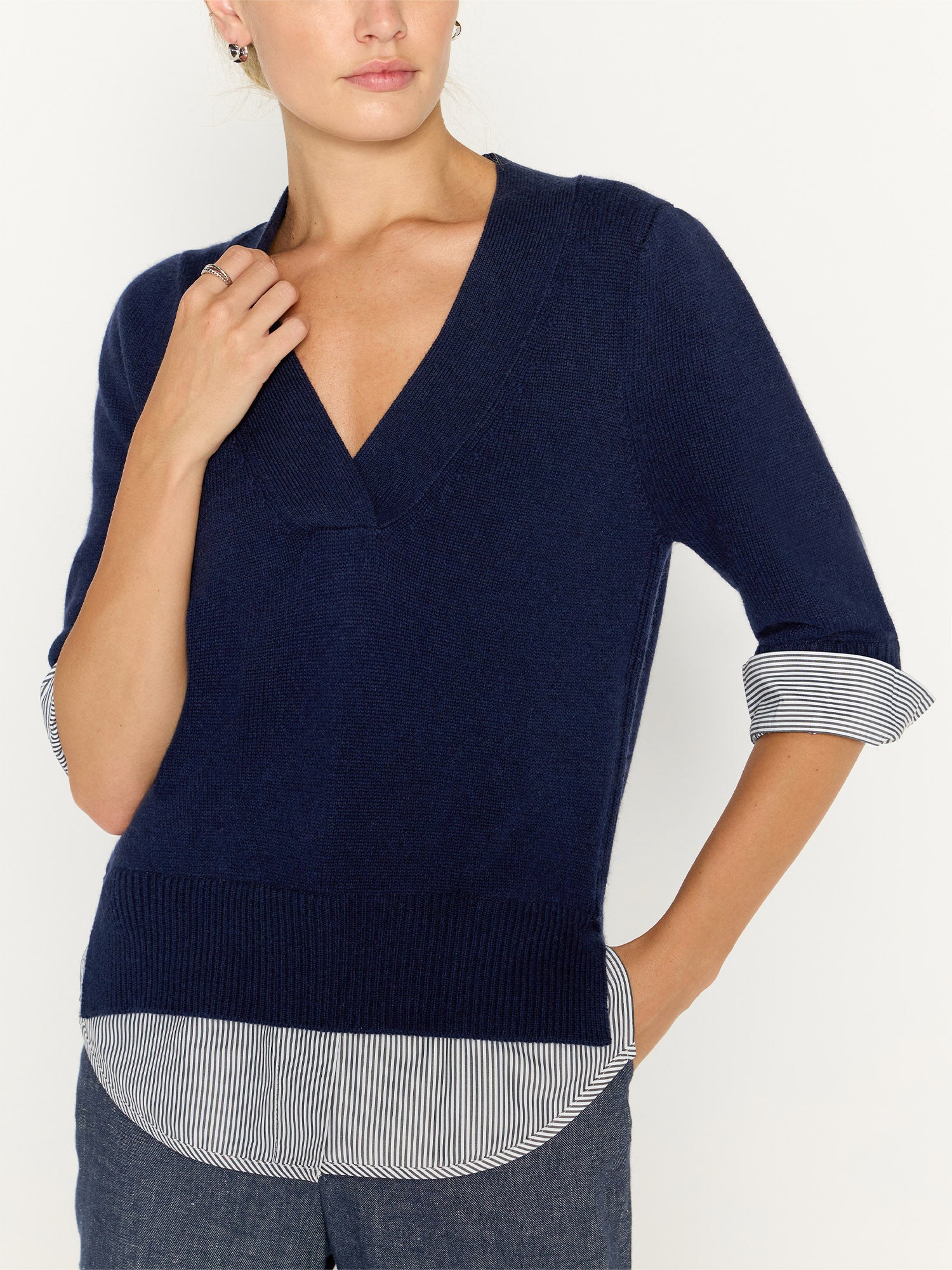 Lucie navy stripe layered three-quarter sleeve v-neck sweater front view 2