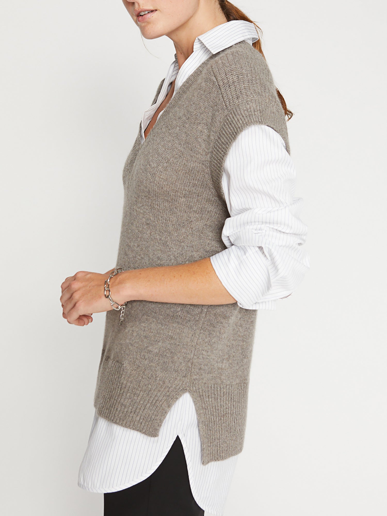 Nye grey v-neck vest with stripe shirt sleeves side view