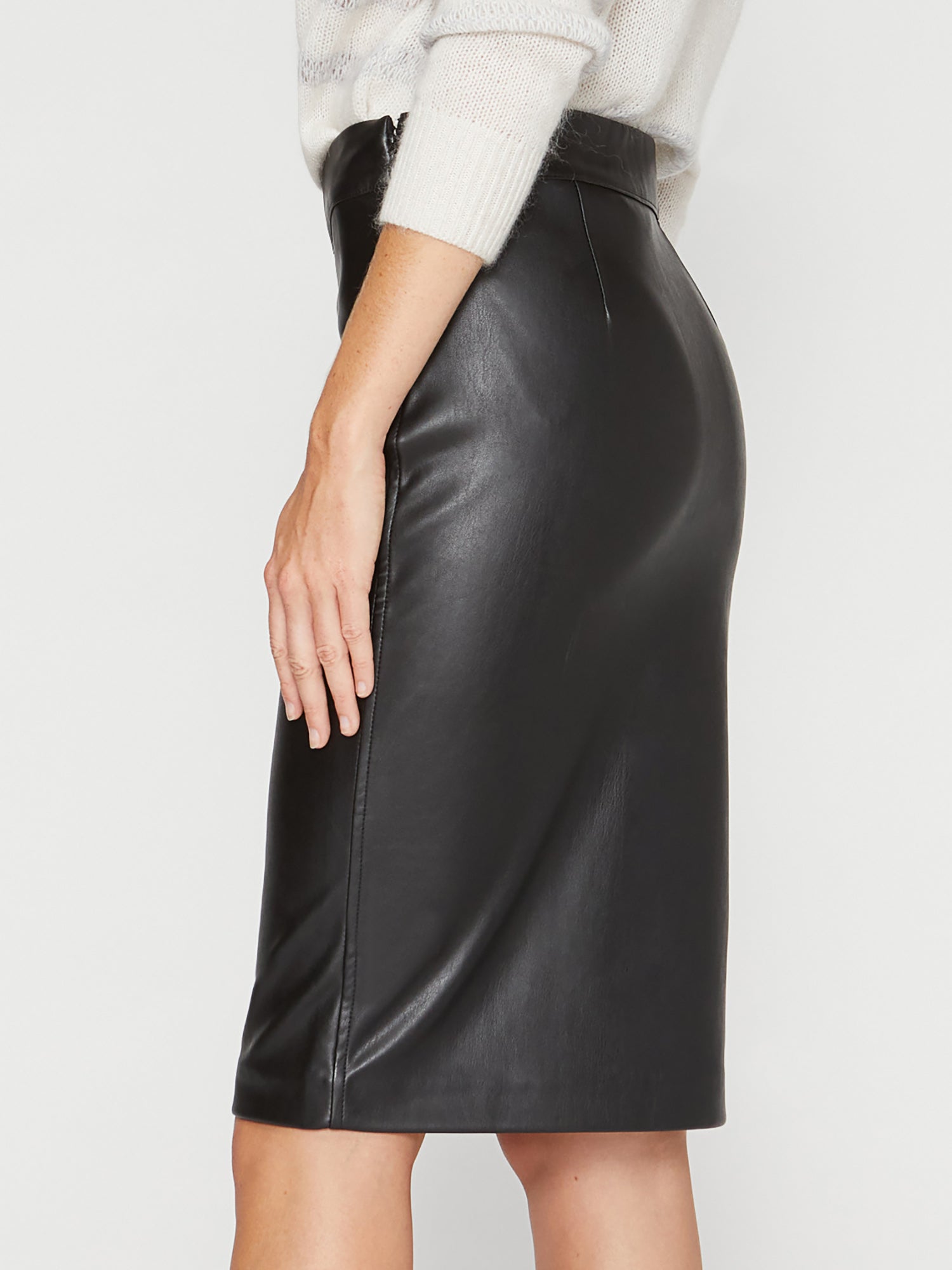 Drew black vegan leather knee-length pencil skirt side view