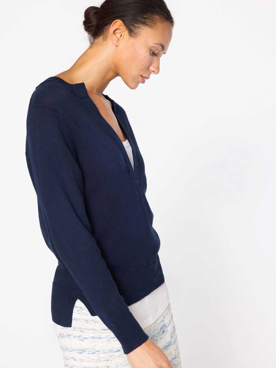 Roan navy layered henley sweater side view
