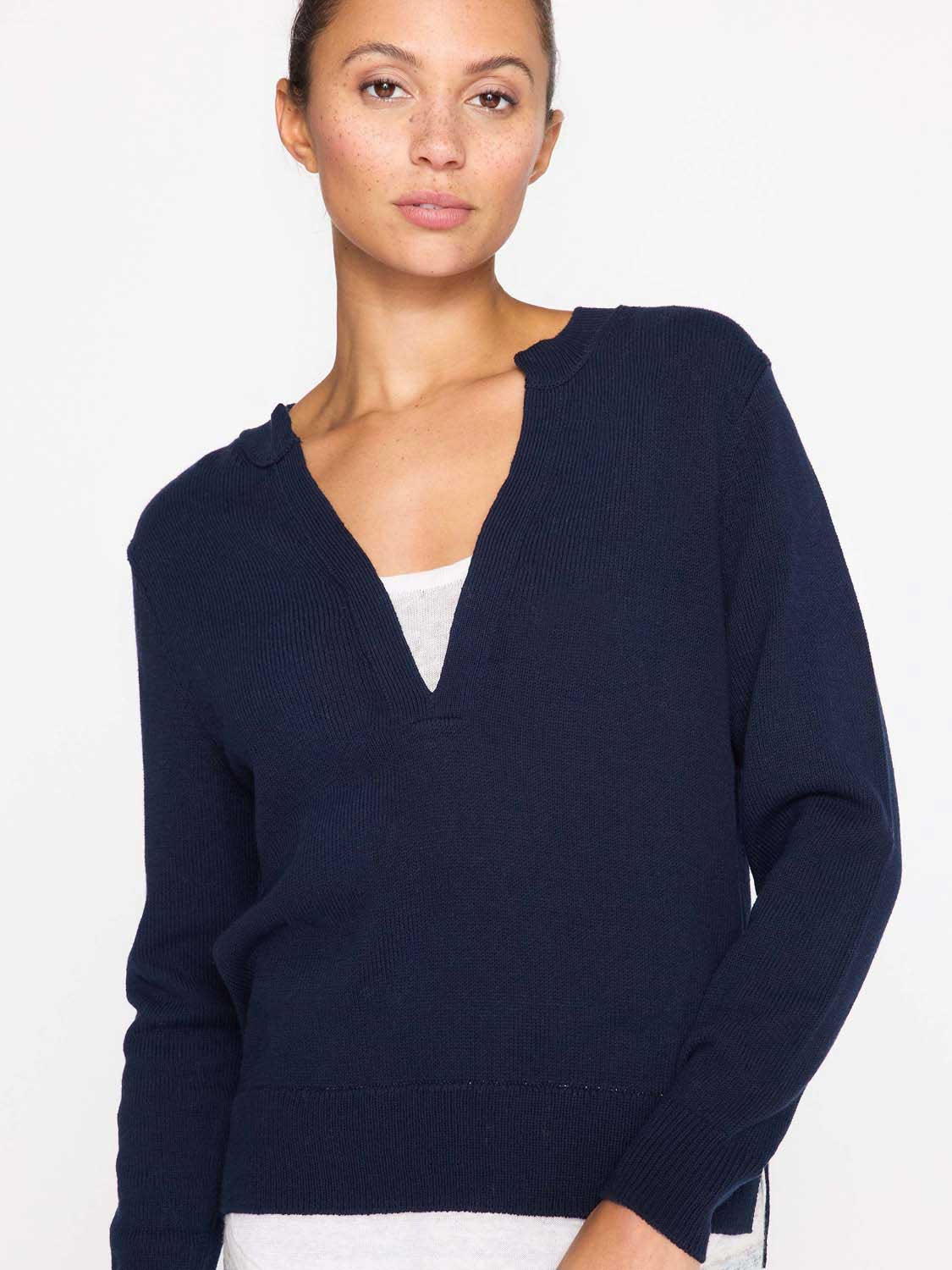 Roan navy layered henley sweater front view 3