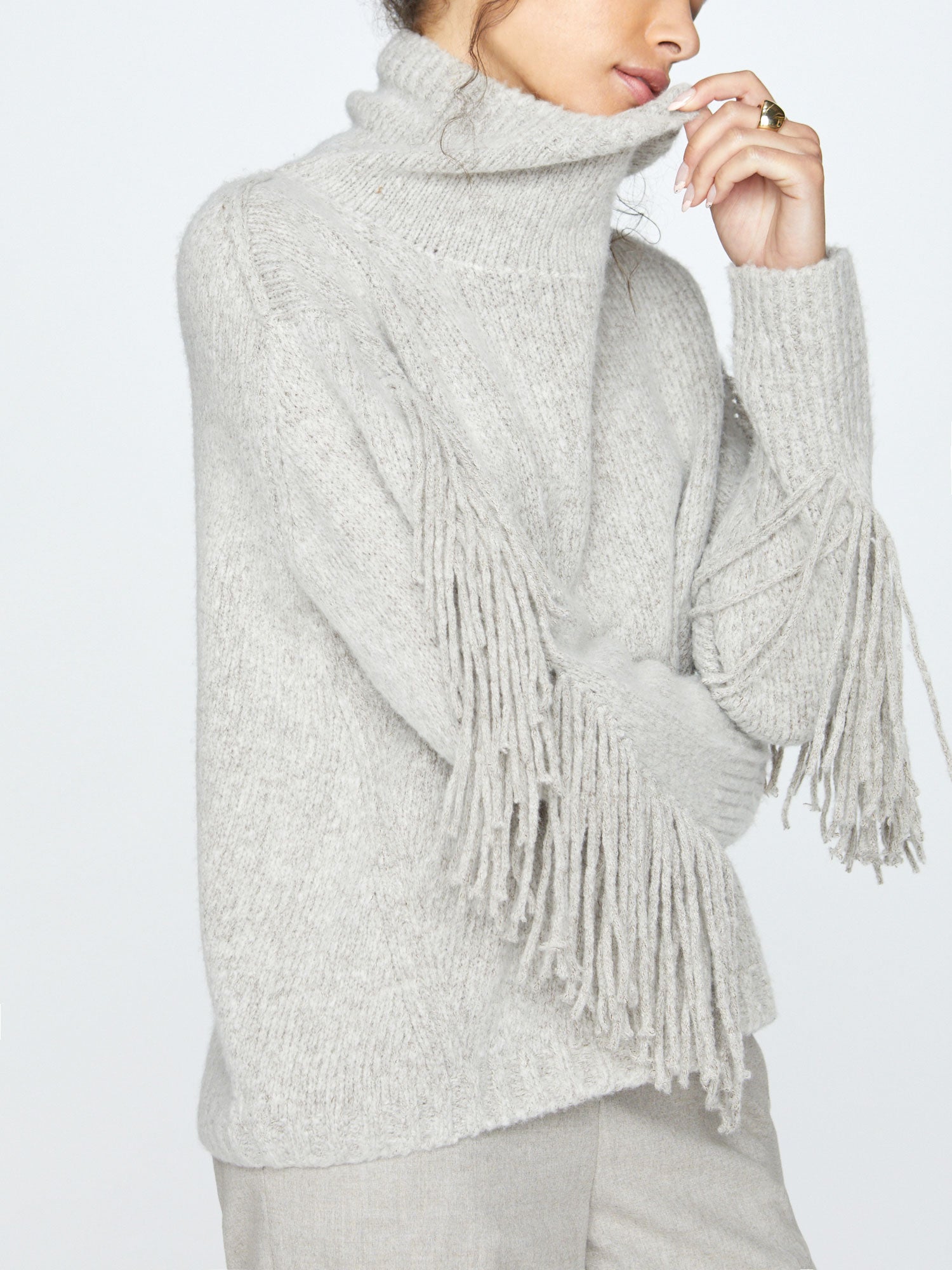 Deaville light grey fringe wool cashmere turtleneck sweater side view
