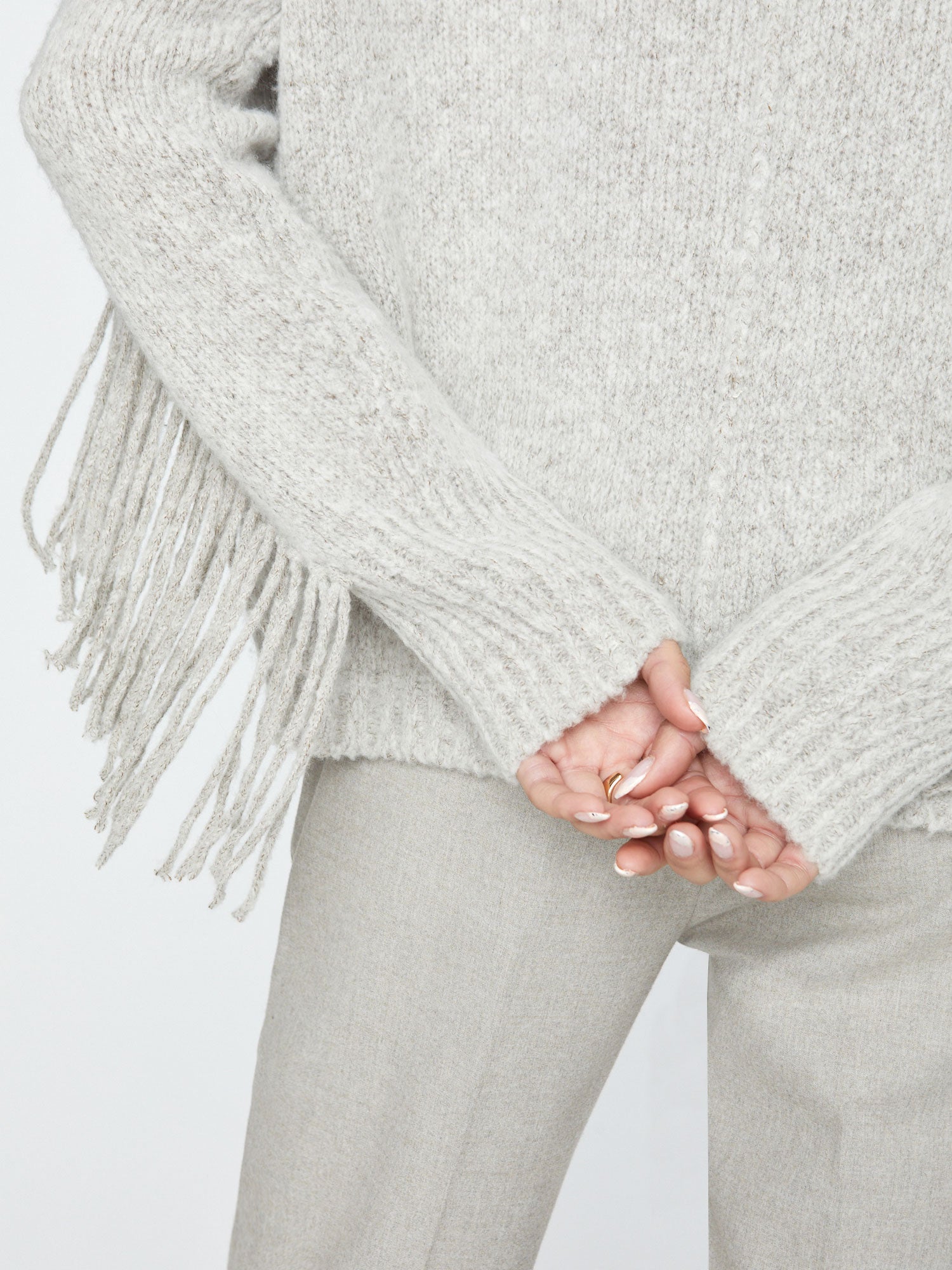 Deaville light grey fringe wool cashmere turtleneck sweater close up