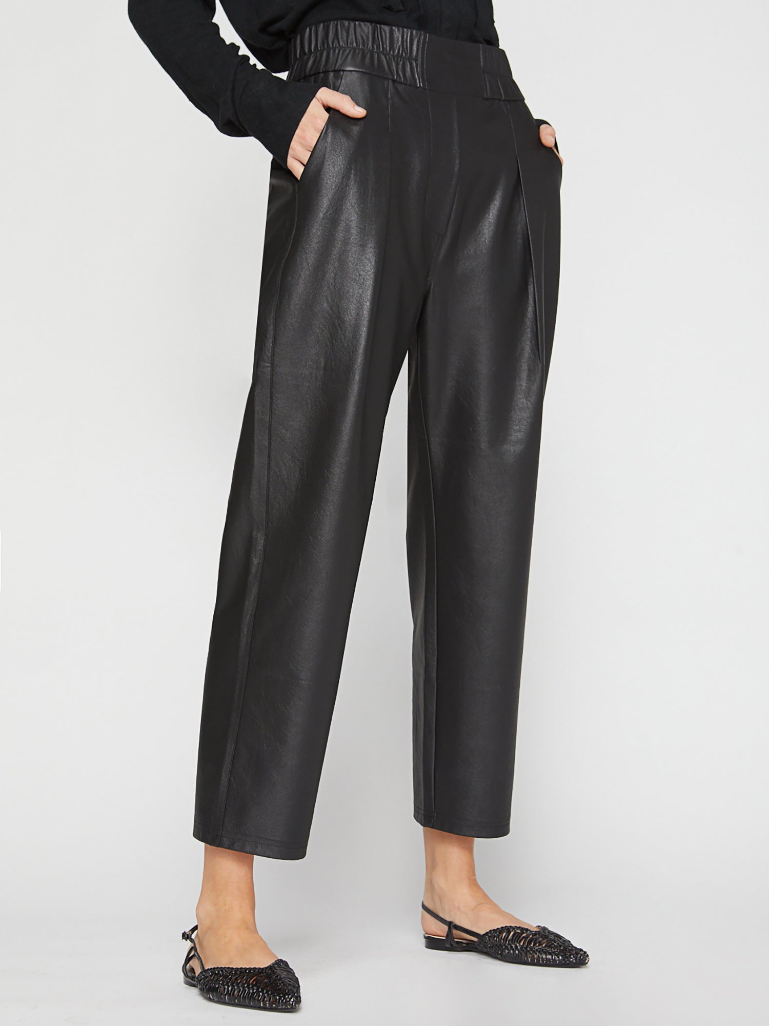 Fiera black vegan leather cropped pant side view