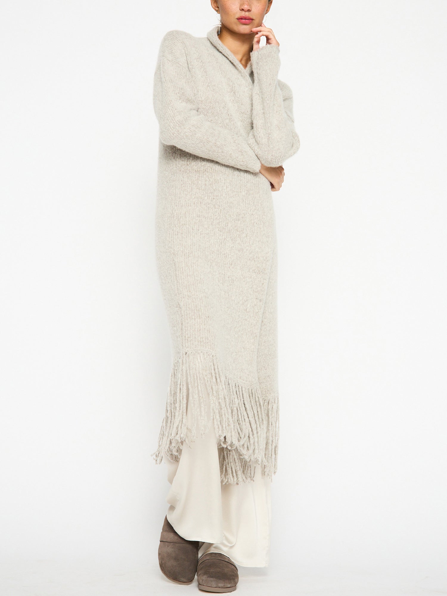 Thela light grey fringe cashmere wool duster cardigan front view 4