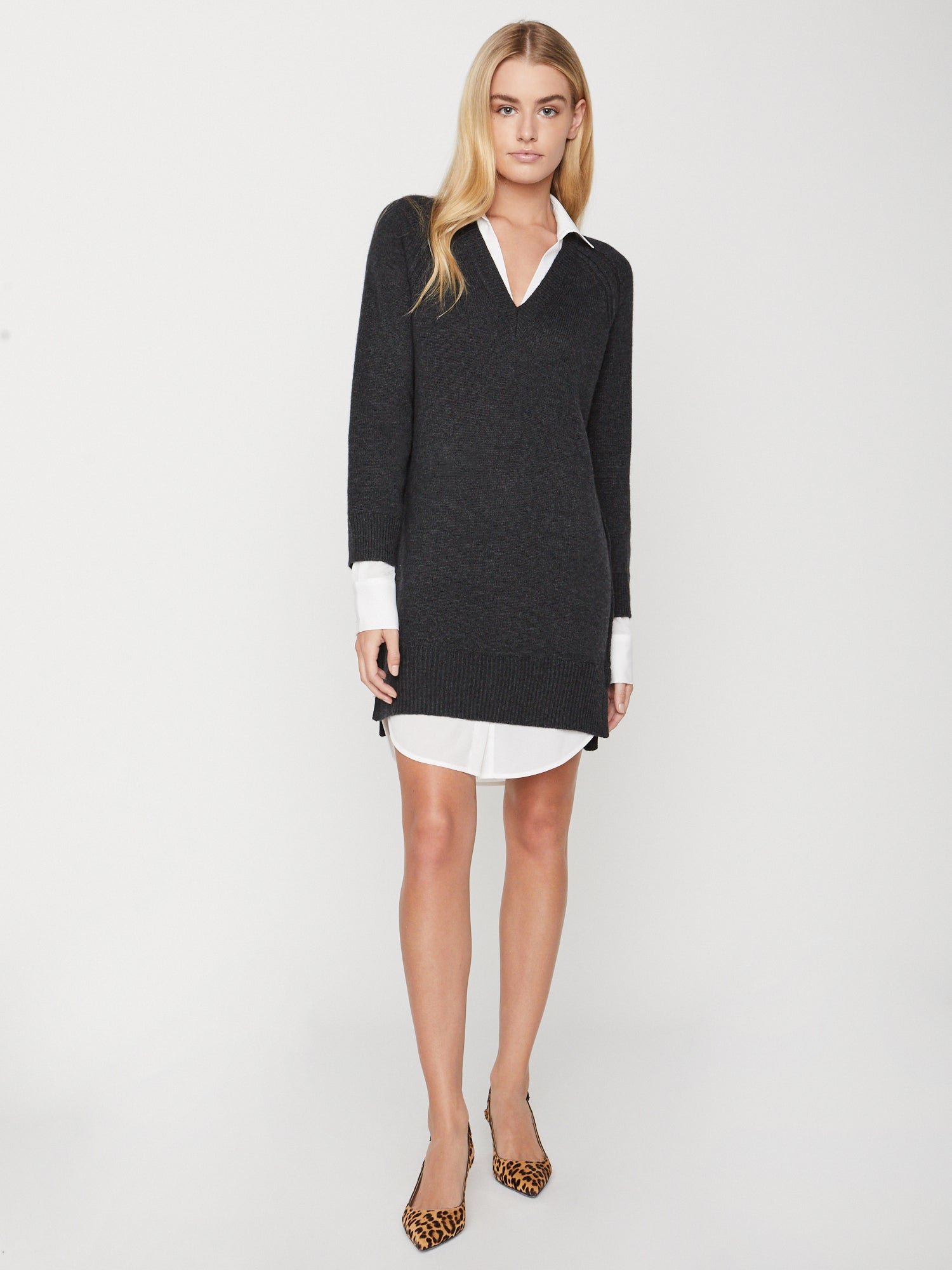 Looker layered v-neck grey and white mini sweater dress front view 3