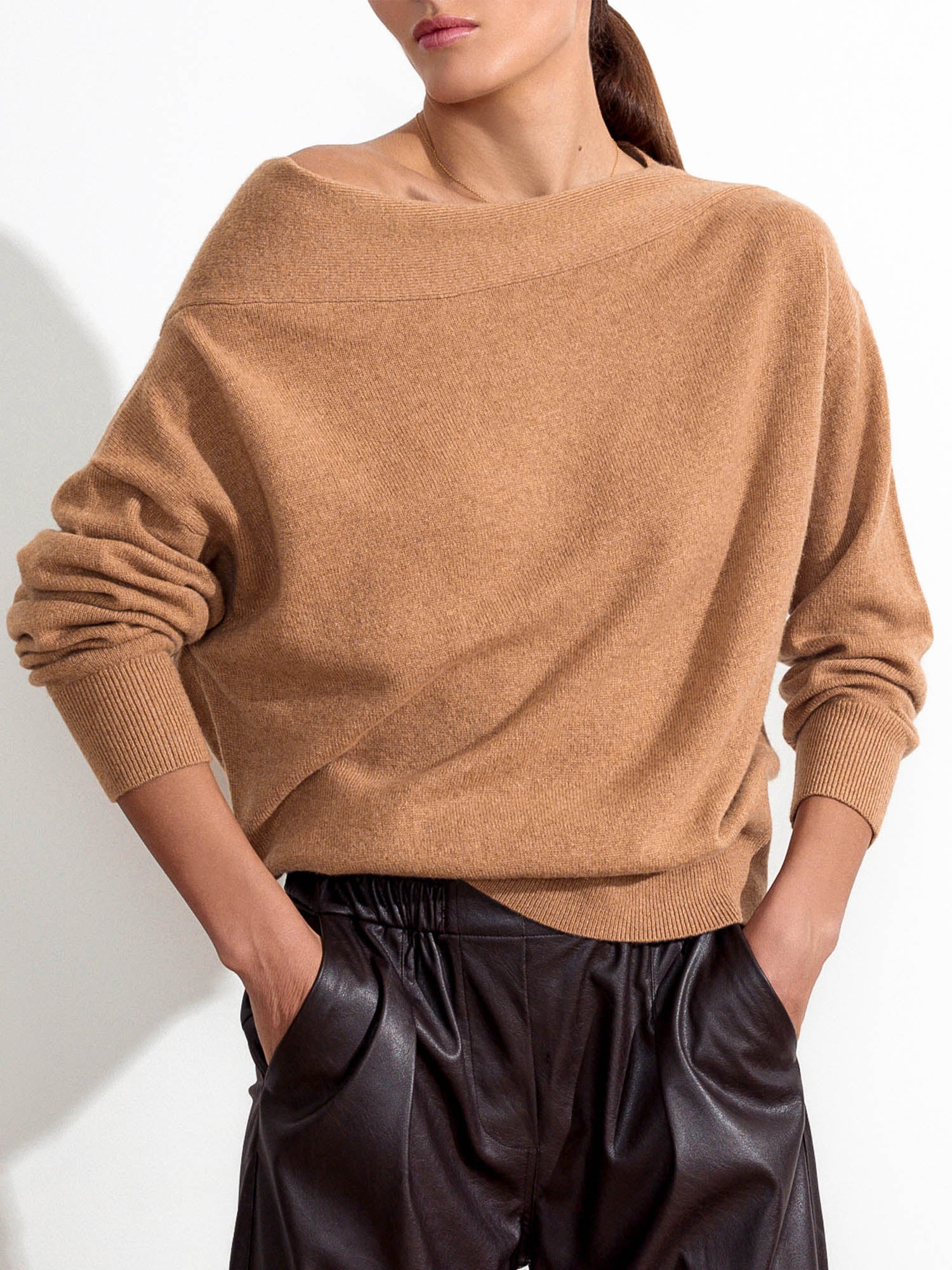 Dunne cashmere boatneck tan sweater front view 2