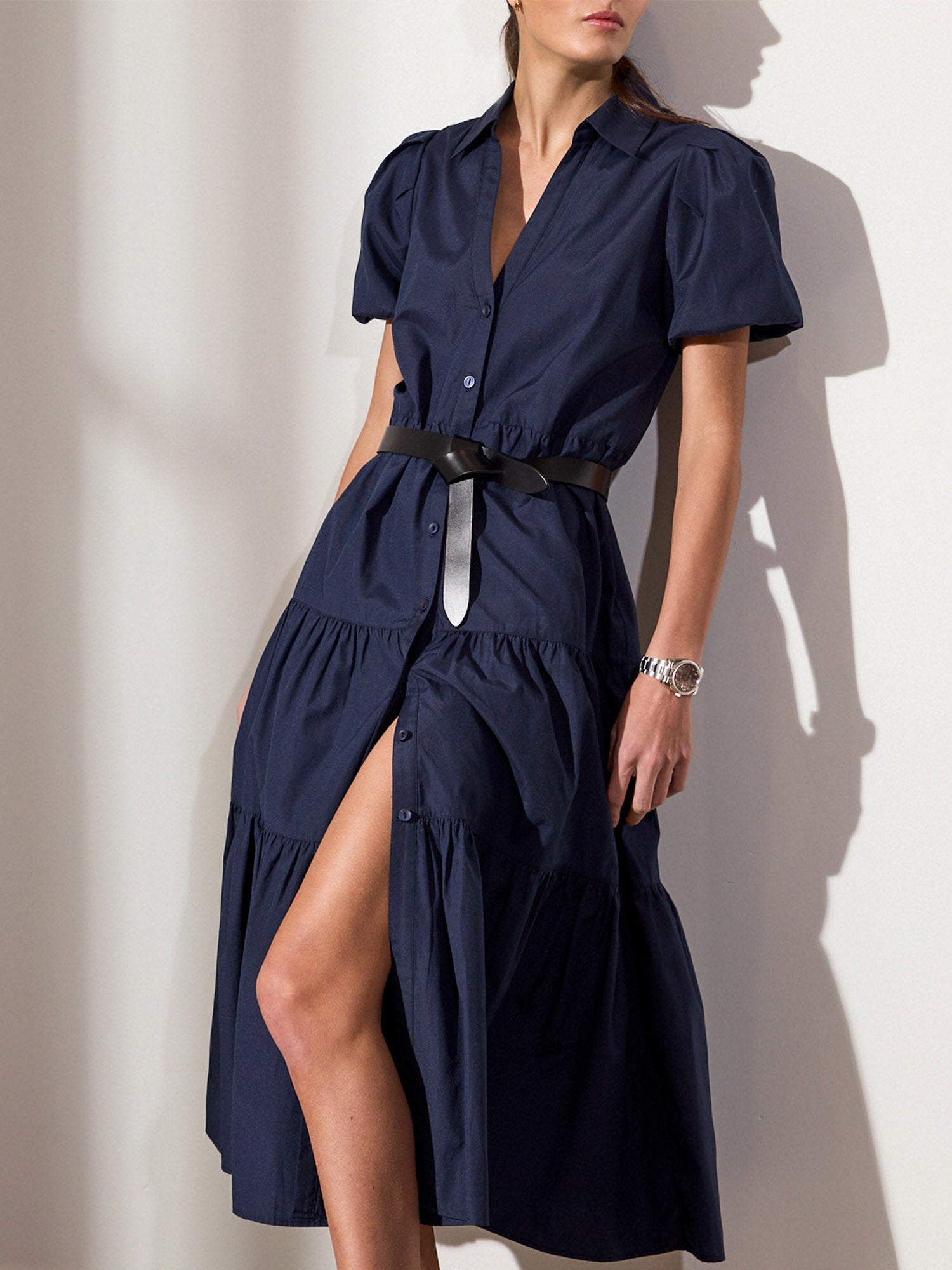 Havana tiered midi dress navy front view