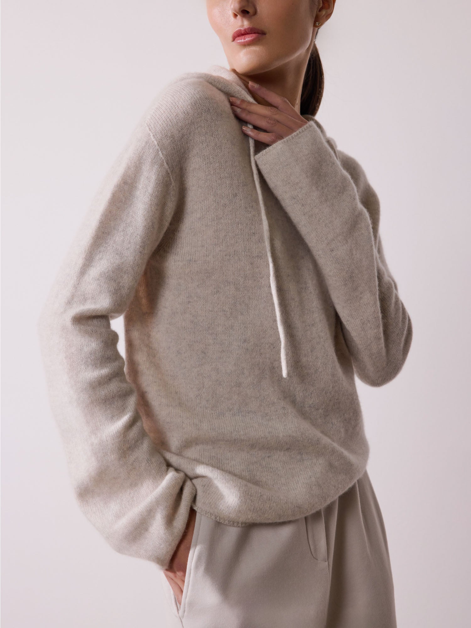 Cashmere beige hoodie sweater side view