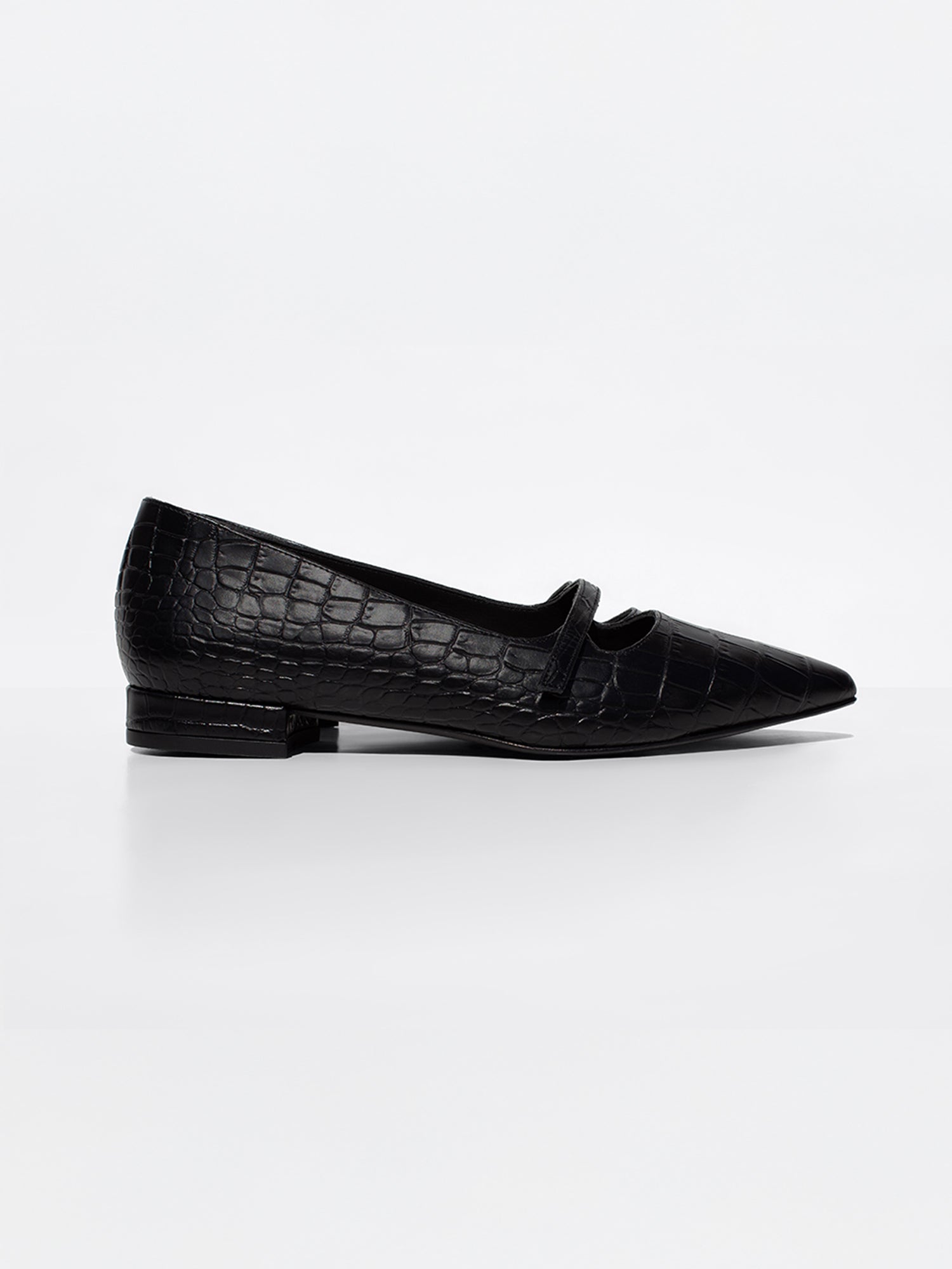 Black crocodile-embossed leather flat with pointed toe and mary-jane strap, side profile product shot