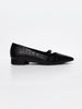 Black crocodile-embossed leather flat with pointed toe and mary-jane strap, side profile product shot