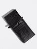 Black crocodile-embossed leather wallet with strap closure, flat product shot
