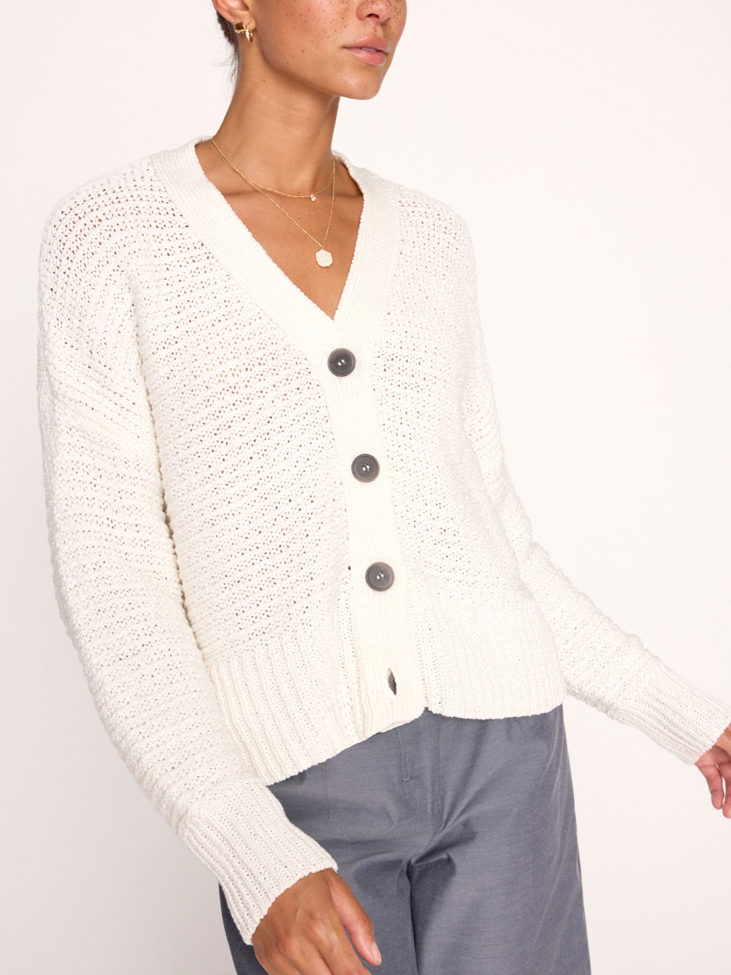 Sia cotton white cardigan sweater front view 2