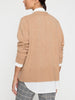Womens camel cardigan with open front long sleeves ribbed cuffs and layered white underlay