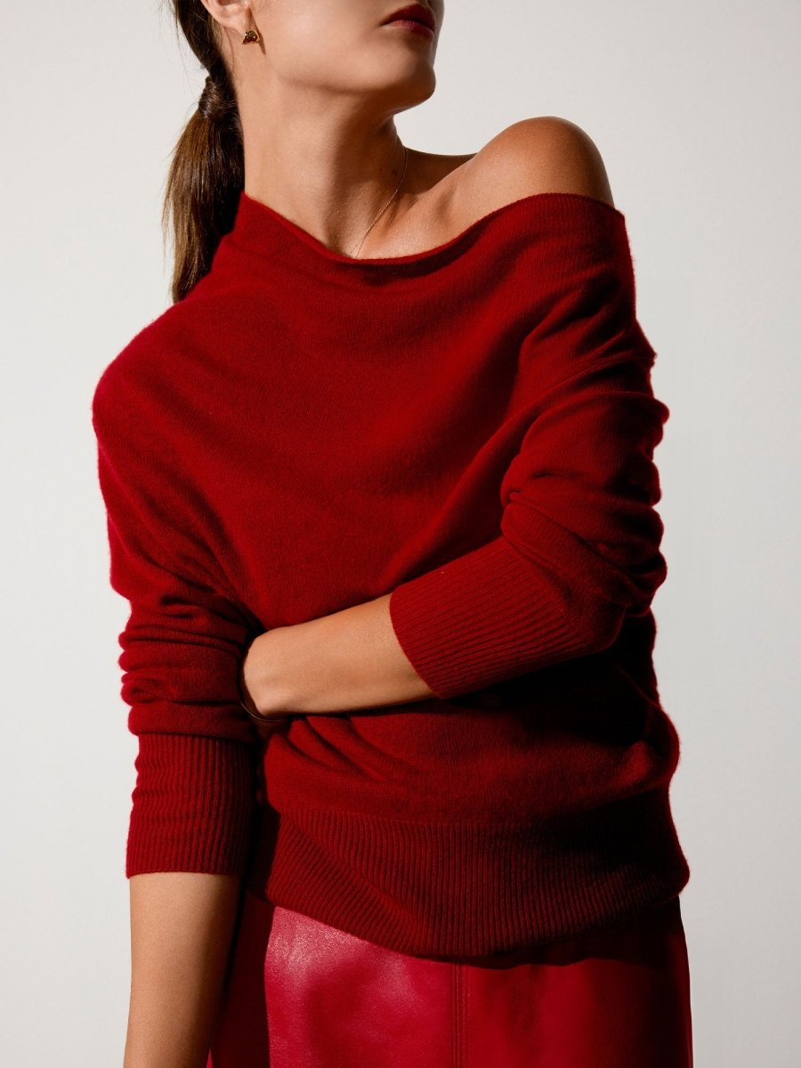 model wearing lori off shoulder in crimson
