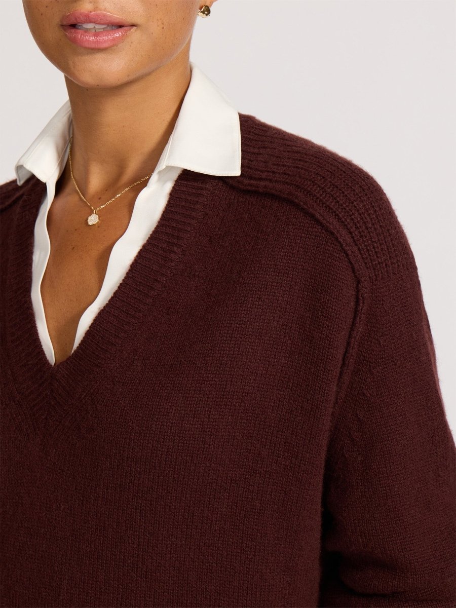 Women's V-Neck Layered Pullover in Cordovan with White | Brochu Walker