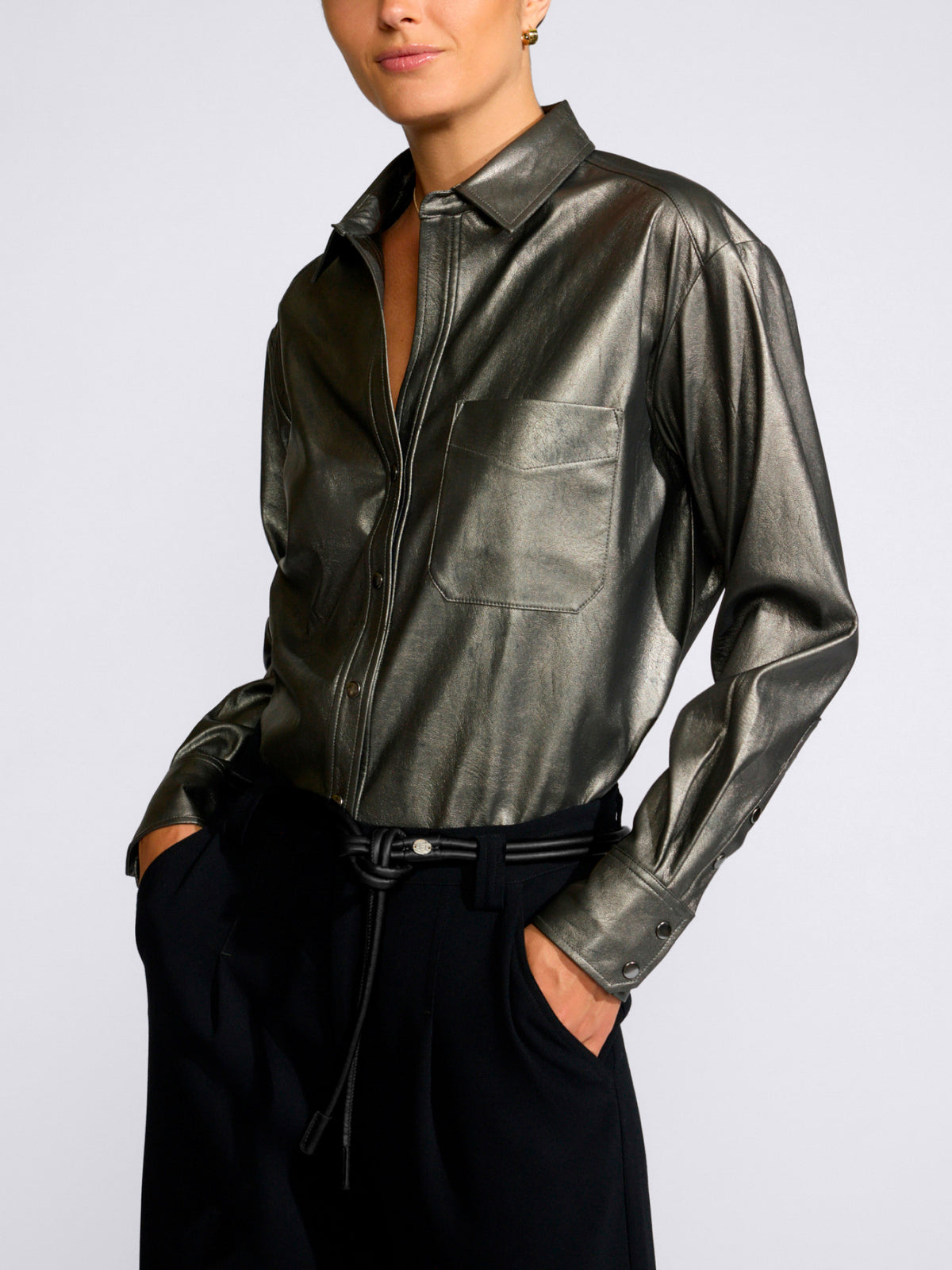The Everyday Vegan Leather Shirt in Pewter Foil