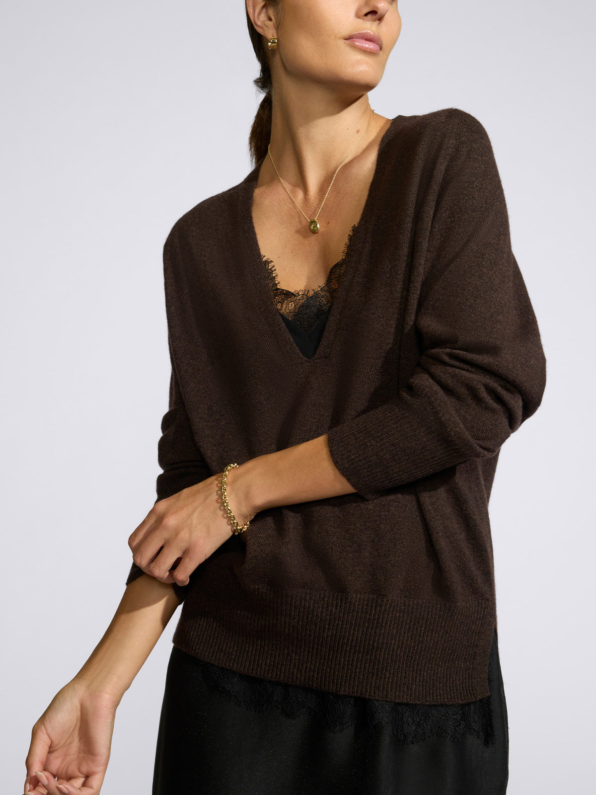 The Lace Vee Looker Pullover in Carob Mélange with Black Lace