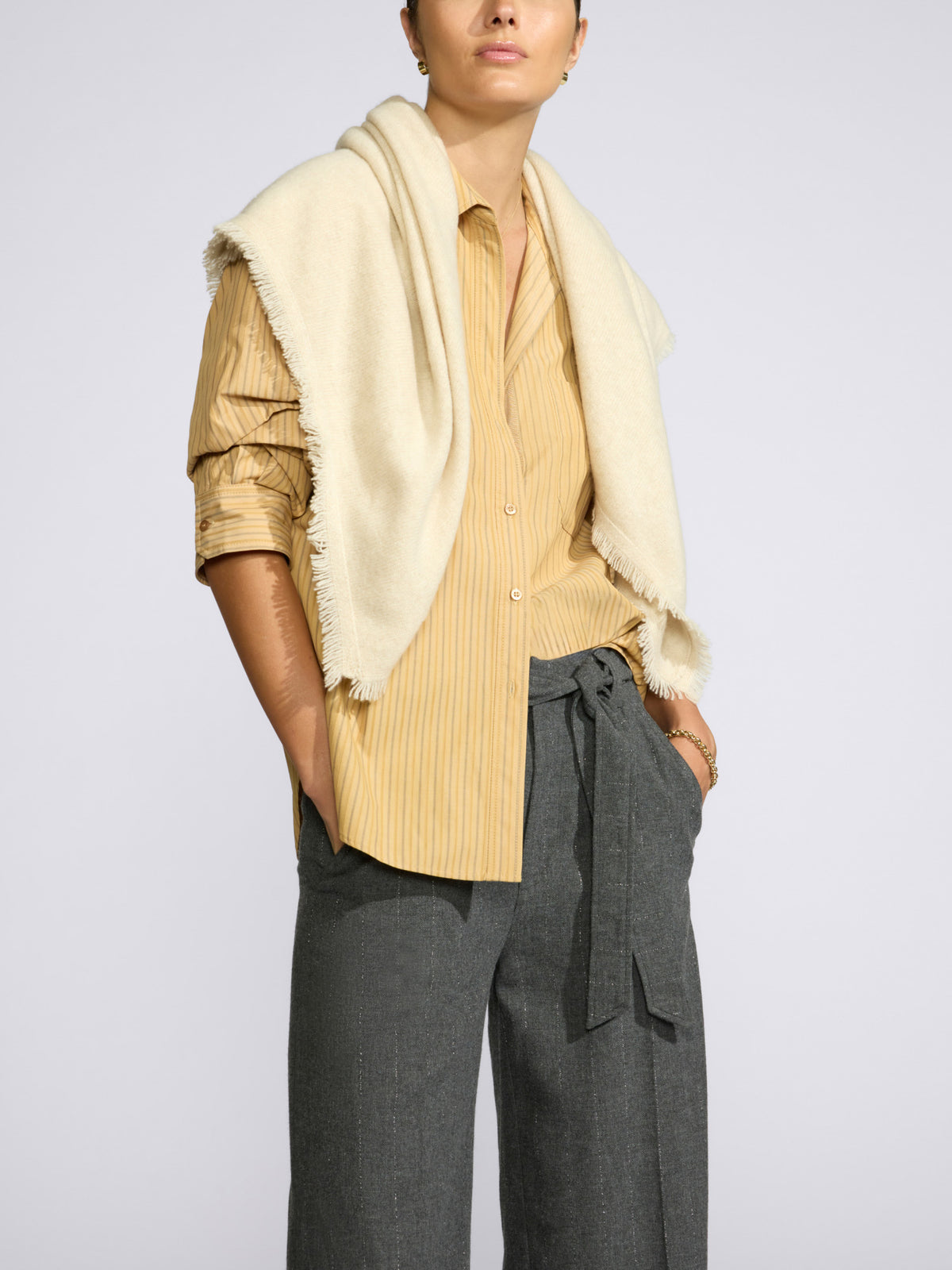The Cashmere Fringe Shoulder Square in Bisque Mélange