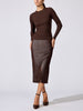 Ribbed knit top in java melange, styled with a brown croco-embossed midi skirt