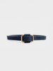 Navy suede belt with a gold-tone metal buckle, shown against a light gray background.