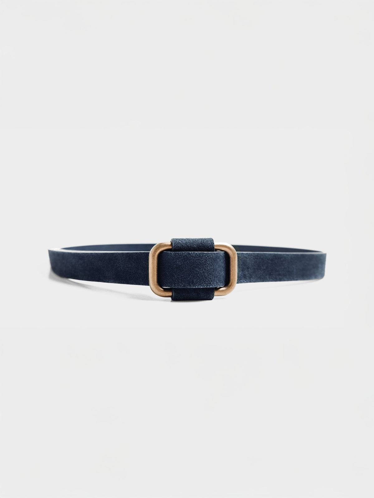 Navy suede belt with a gold-tone metal buckle, shown against a light gray background.