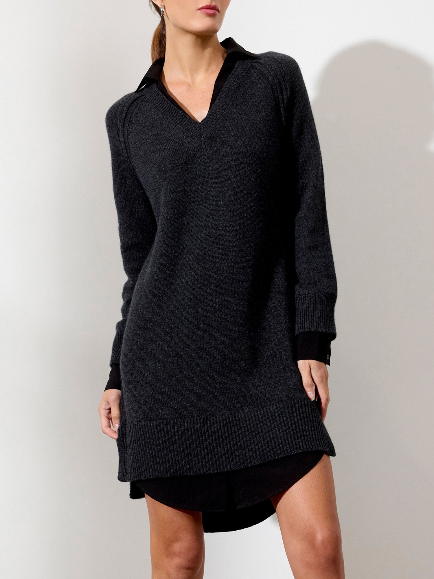 Looker layered v-neck grey and black mini sweater dress front view