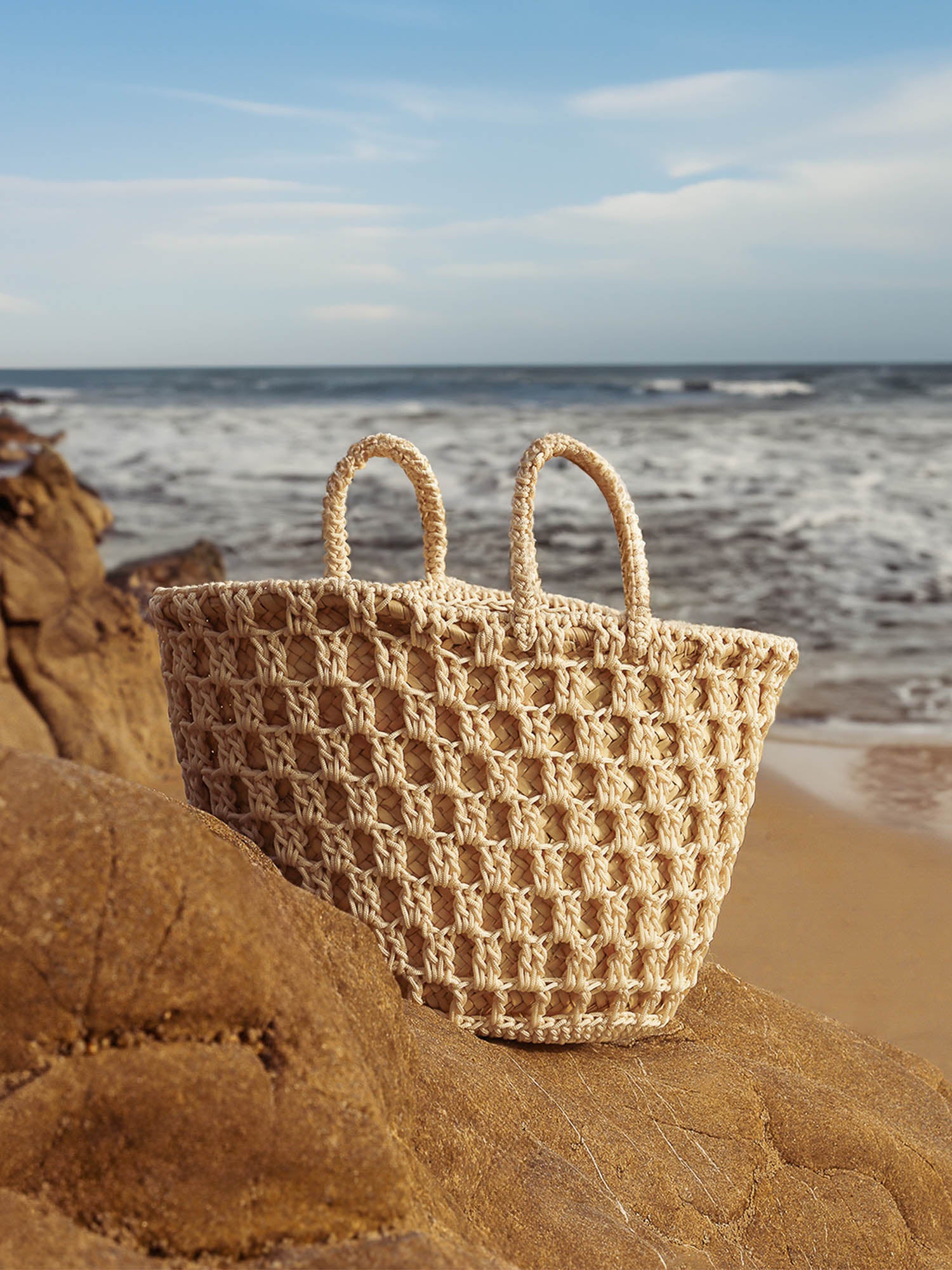 Dune crochet tan basket bag front view 2