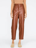 Vegan leather pants for women in chestnut brown with a relaxed fit and elastic back waistband for comfort.