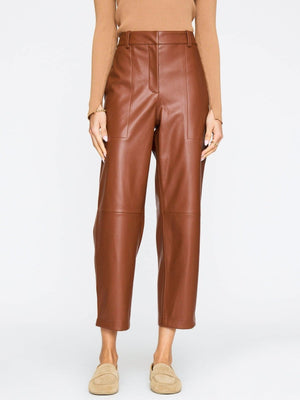 Vegan leather pants for women in chestnut brown with a relaxed fit and elastic back waistband for comfort.