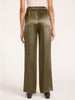 Back view of olive green satin pants showing the elastic waistband detail