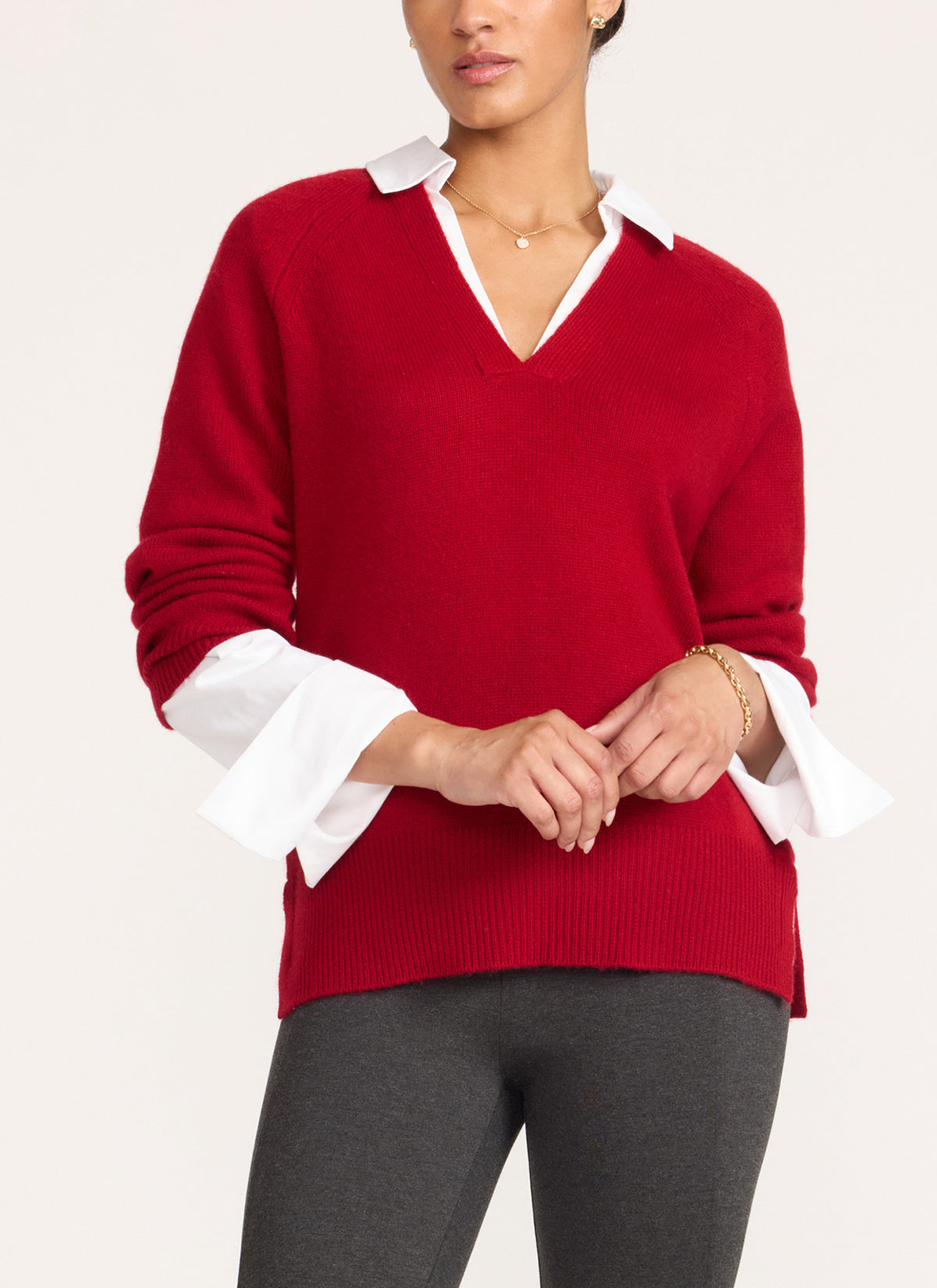 The Ella Layered Pullover in Crimson with White