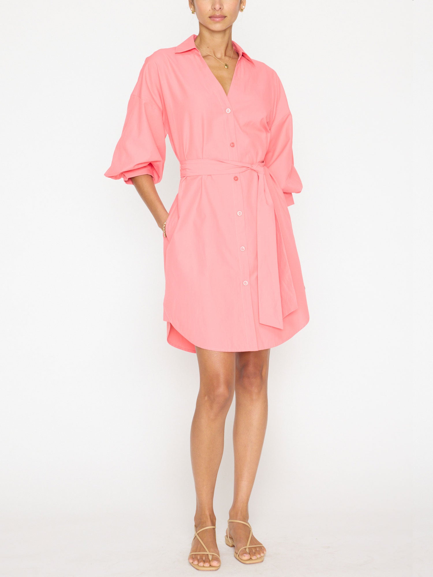 Kate belted button up mini shirtdress pink full view