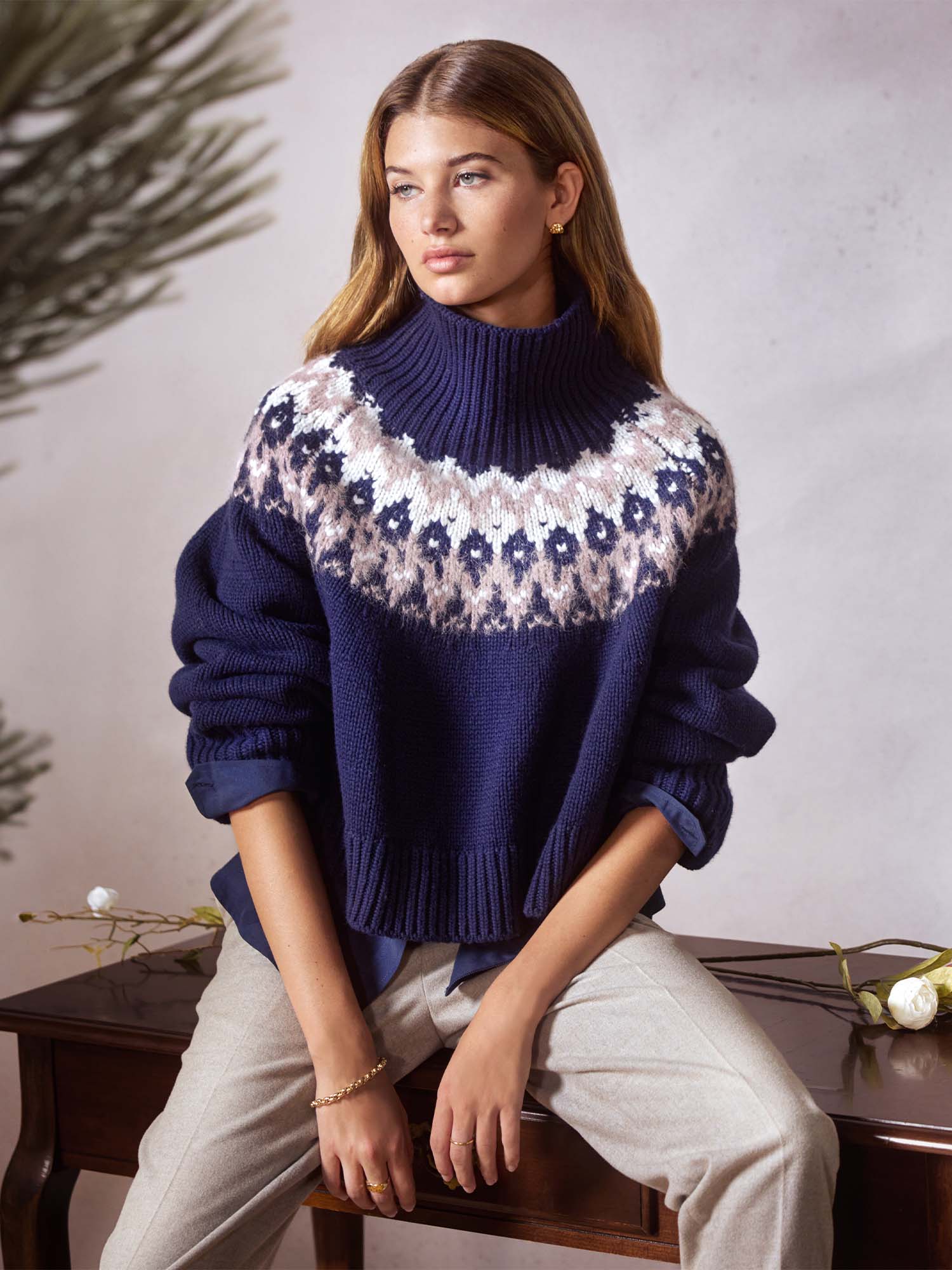 Odessa navy cashmere-wool fairisle sweater front view