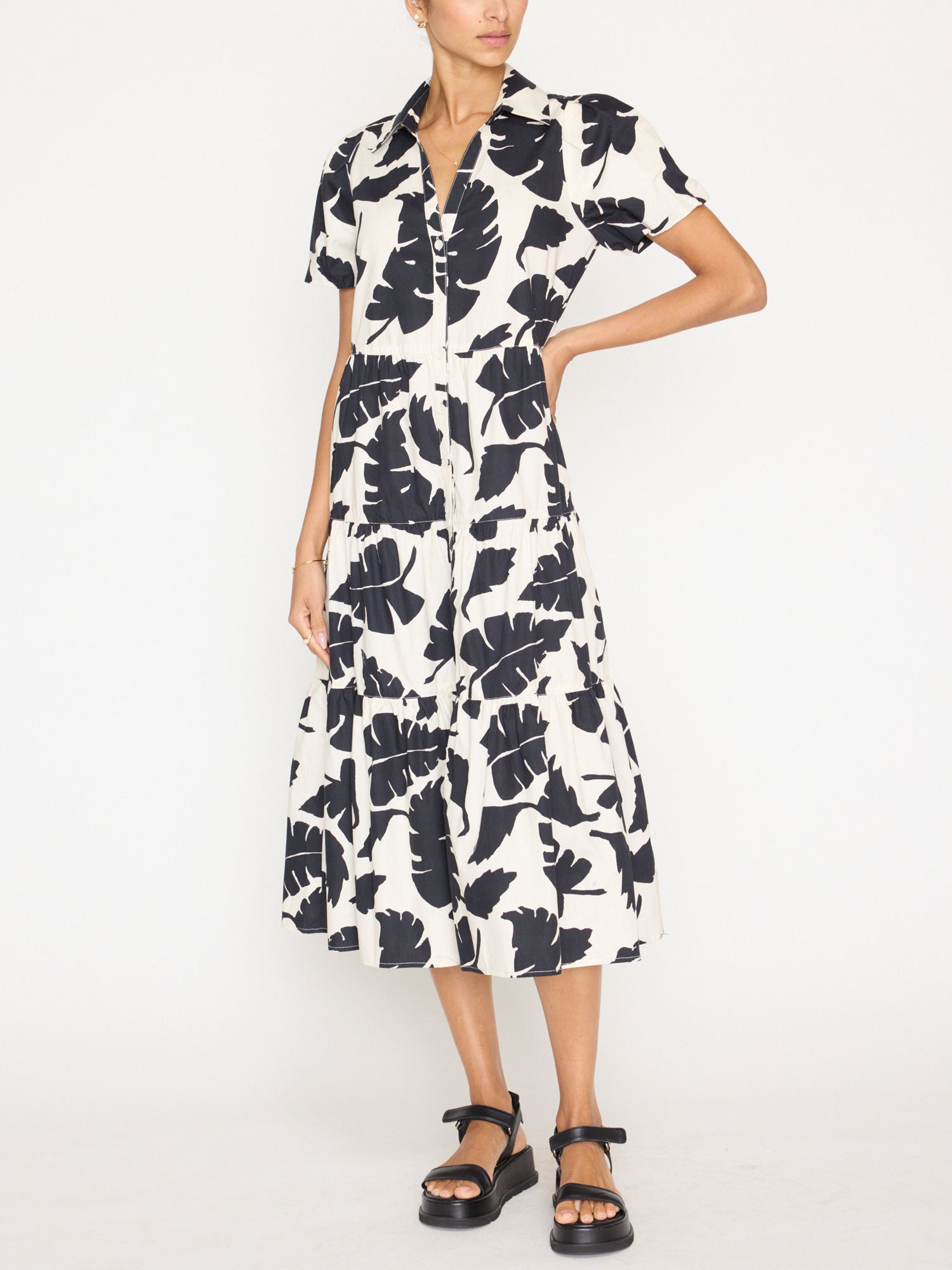 Havana tiered midi black and white printed dress  front view 3