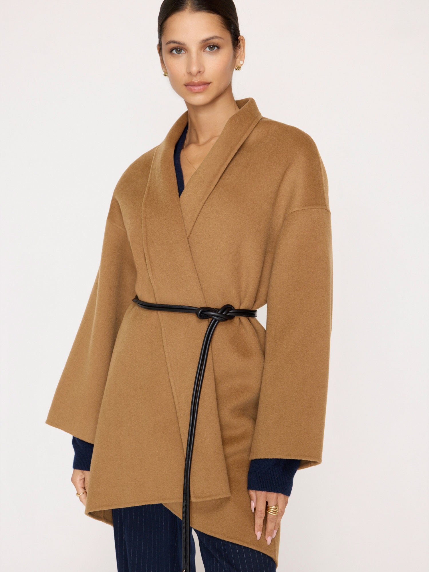 Wolsey wool tan wrap coat with belt front view