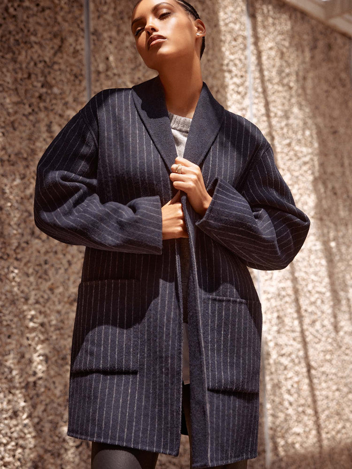 Mina wool reversible navy and navy pinstripe coat front view