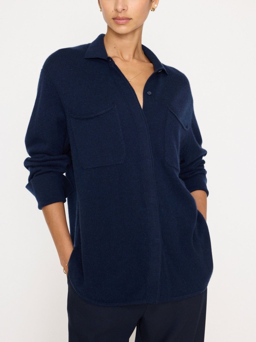 Andre cashmere button down navy shacket front view 2