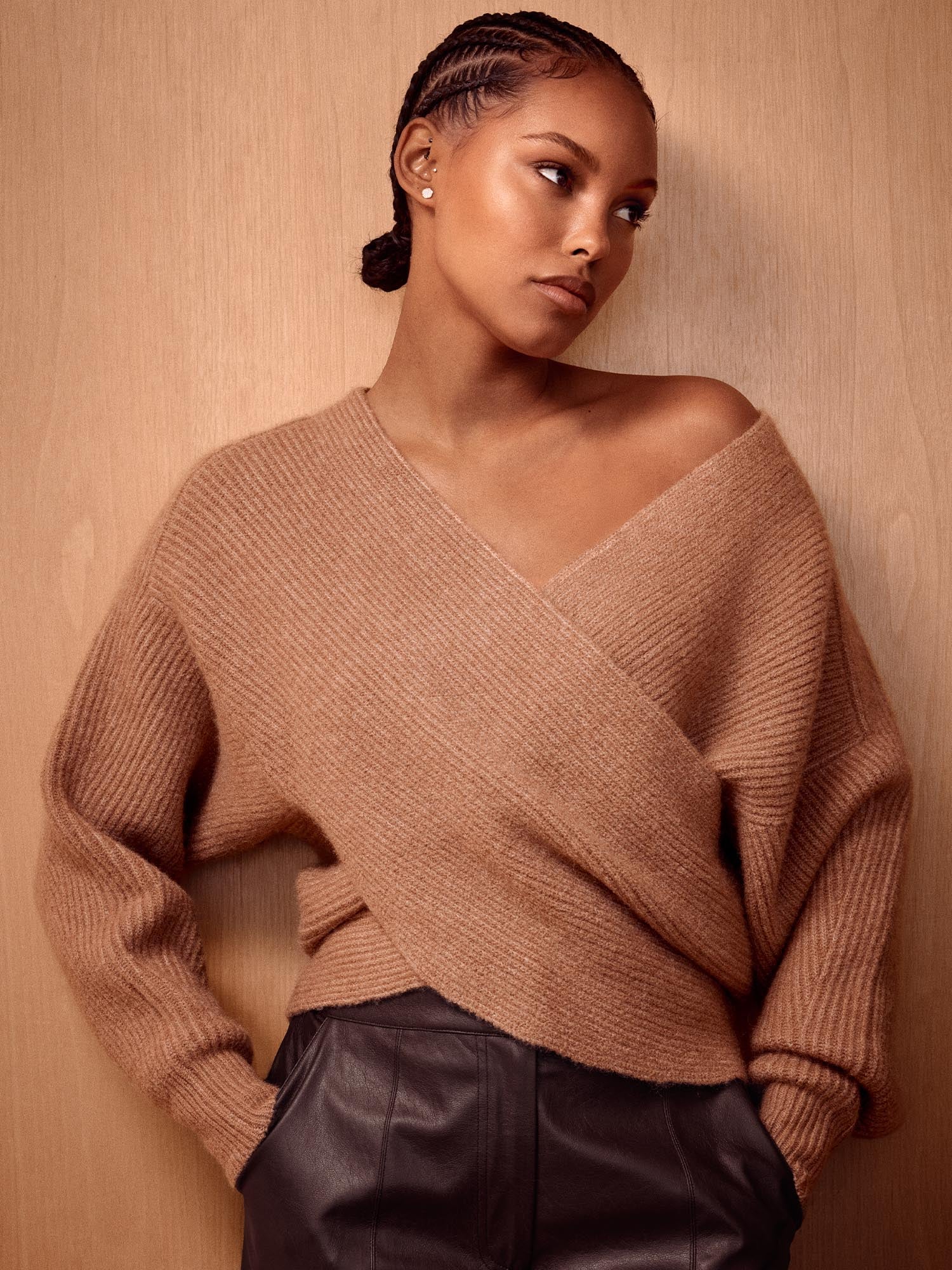 Hughes tan crossover wrap front sweater front view