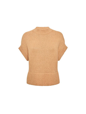 Ribbed women's sweater in camel with short sleeves, a chunky knit texture, and a high crew neckline.