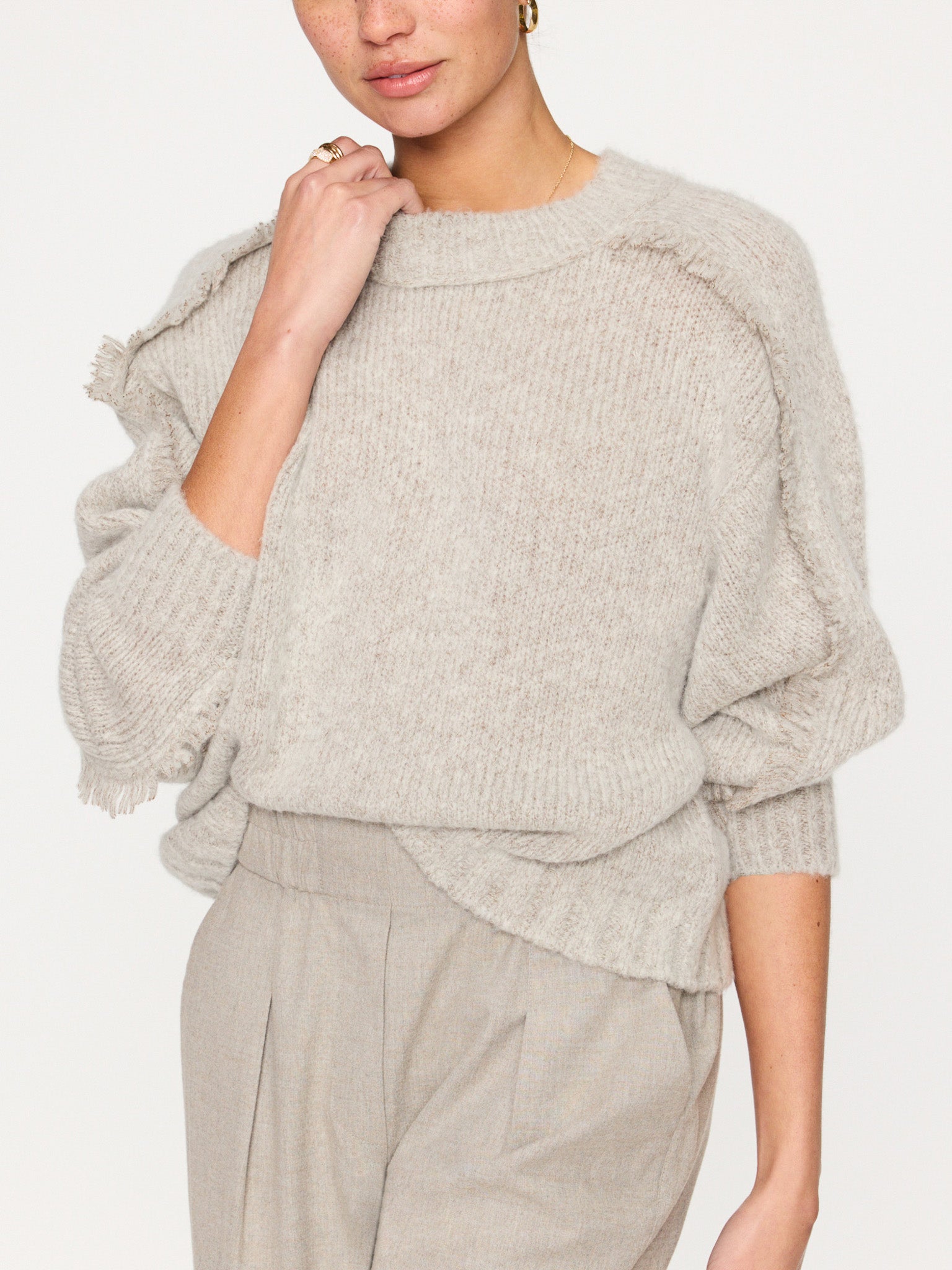 Aimee beige cashmere-wool crewneck sweater front view