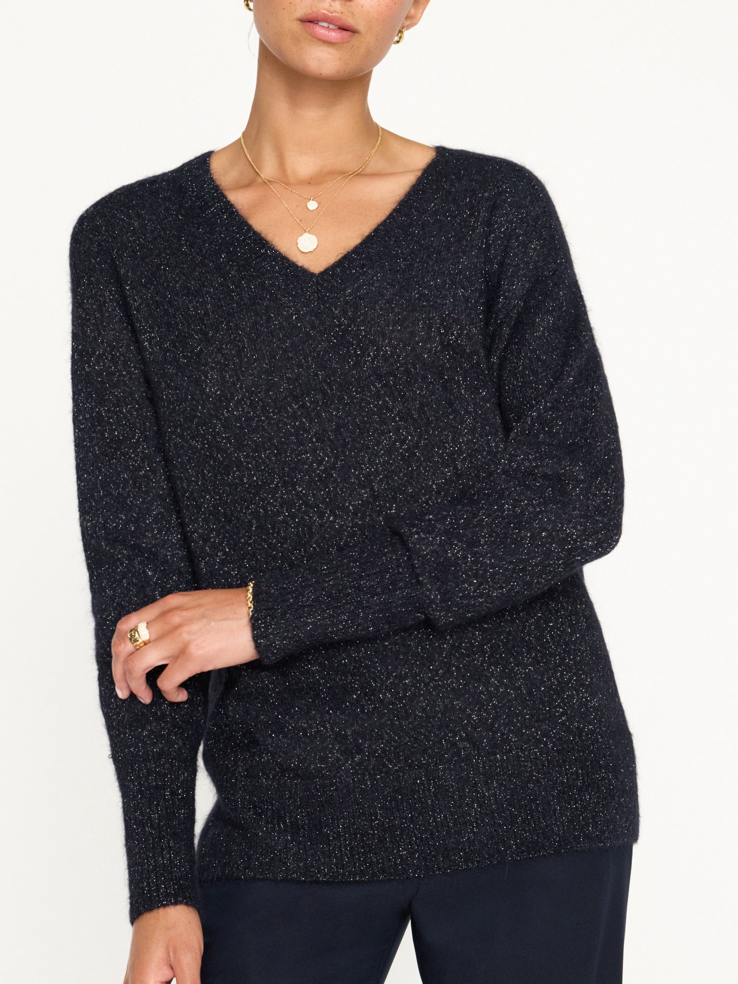 Allery v neck metallic navy sweater front view 4