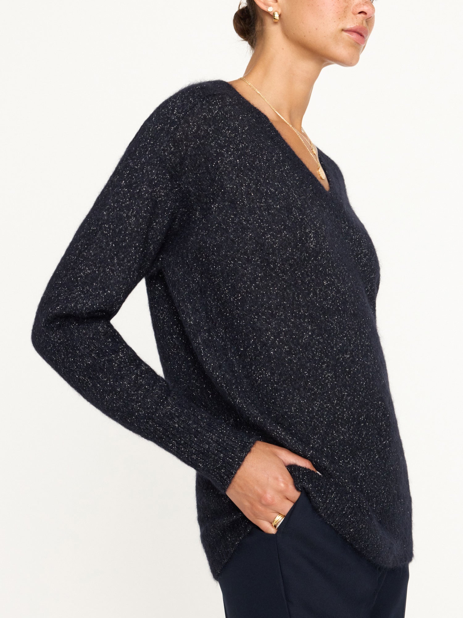 Allery v neck metallic navy sweater side view